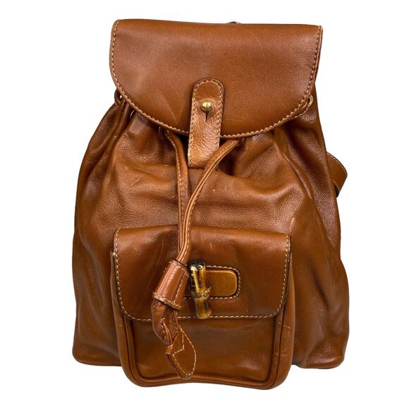 Gucci Handbags - Vintage 90’s Gucci Bamboo Drawstring Brown Leather Mini Backpack